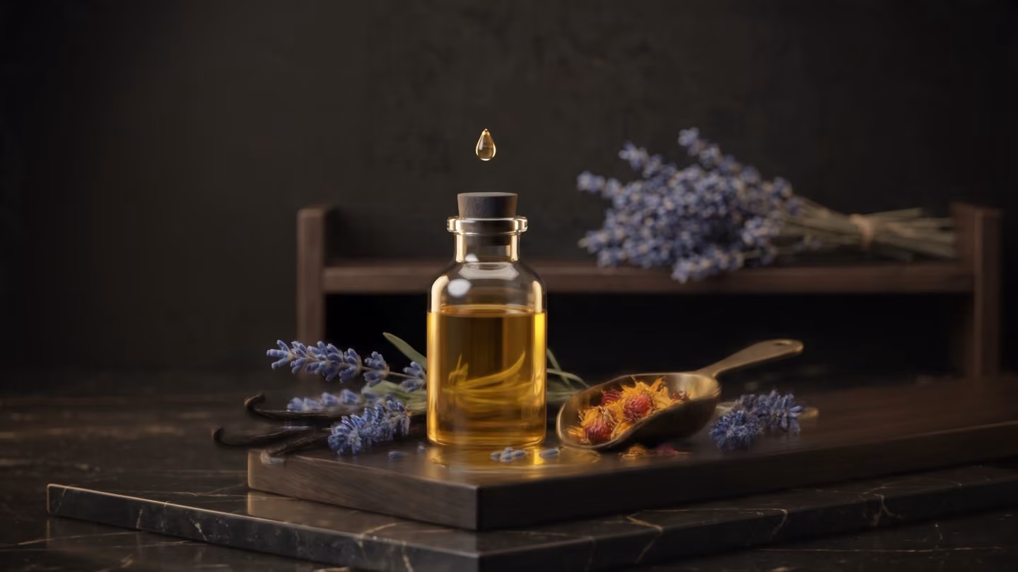 A small glass bottle of golden botanical oil on a dark wooden shelf, surrounded by lavender, vanilla and saffron.