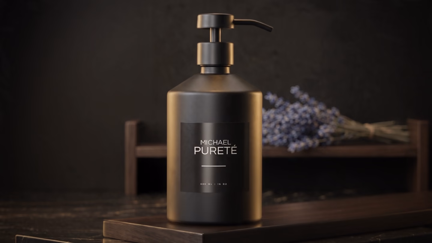 The Michael Pureté bottle: amber-black glass with an aluminium pump, on a dark wooden shelf.