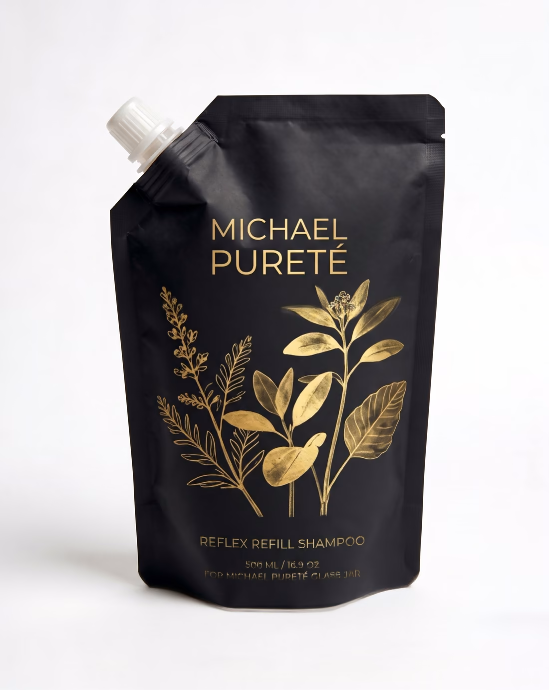 A single black Michael Pureté refill pouch printed with gold botanical illustrations, with a resealable spout.