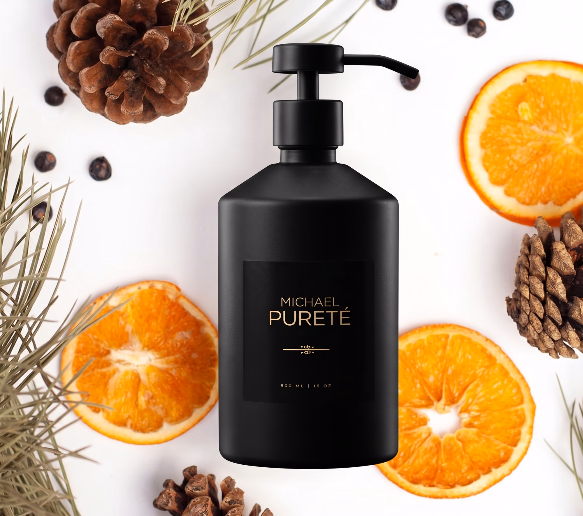 The Michael Pureté bottle laid on white among dried orange slices, pine needles, pine cones and juniper berries.