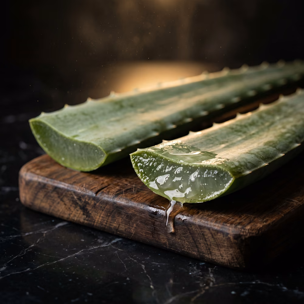A freshly cut aloe leaf with clear gel beading along the cut edge.