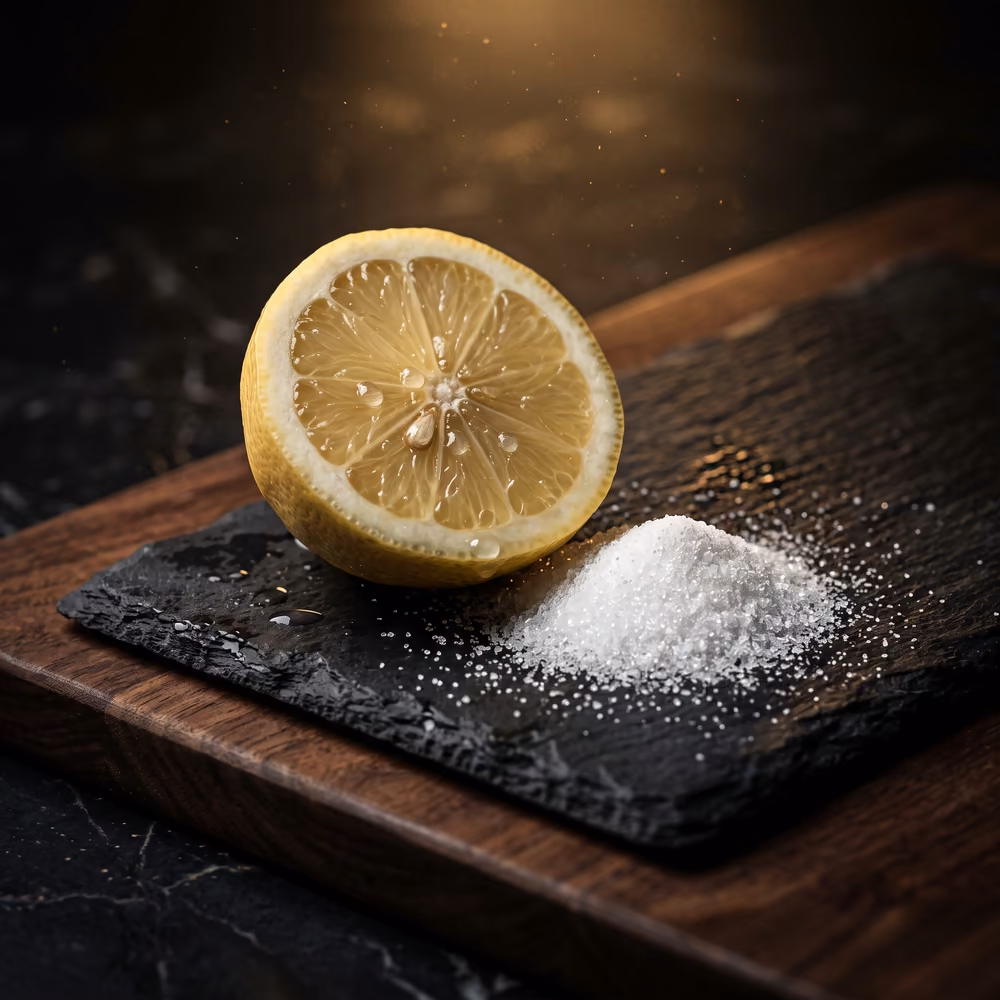 A halved lemon beside a small heap of fine white citric acid crystals.