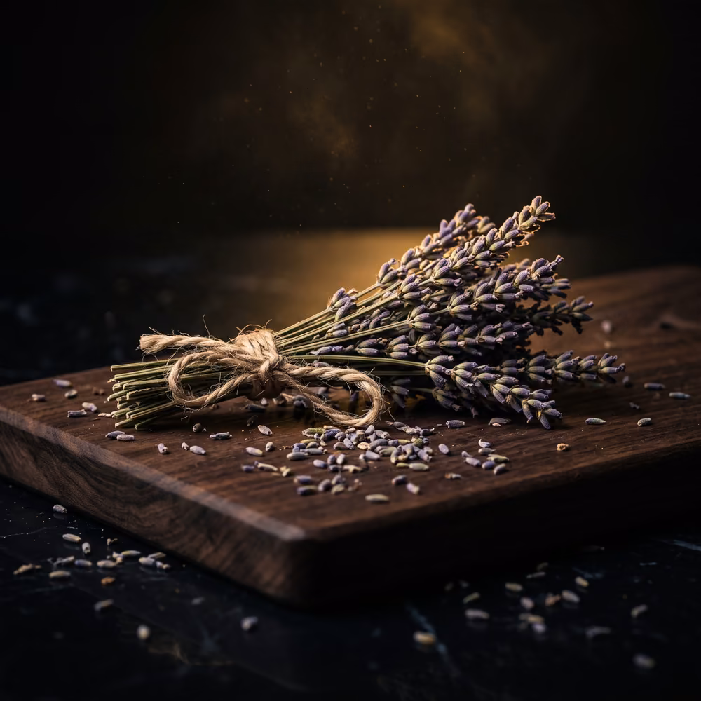 A bundle of dried French lavender tied with linen twine.