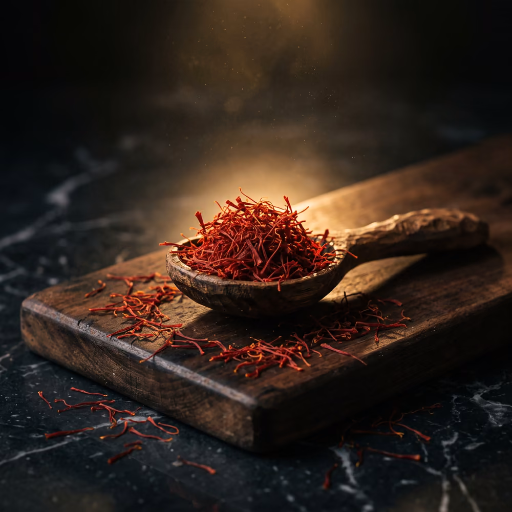 A carved wooden spoon heaped with deep crimson saffron threads.
