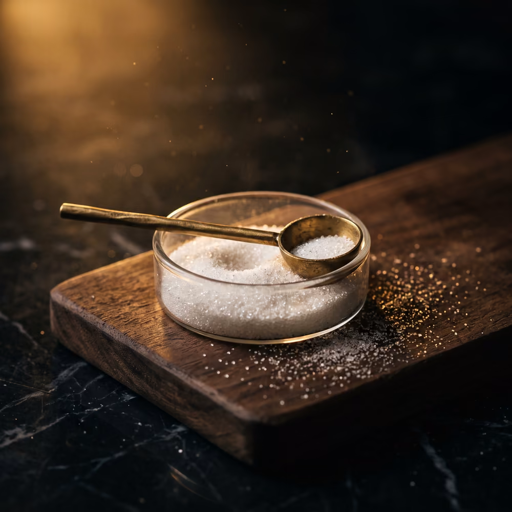 Fine white crystalline powder in a shallow glass dish with a small brass scoop.