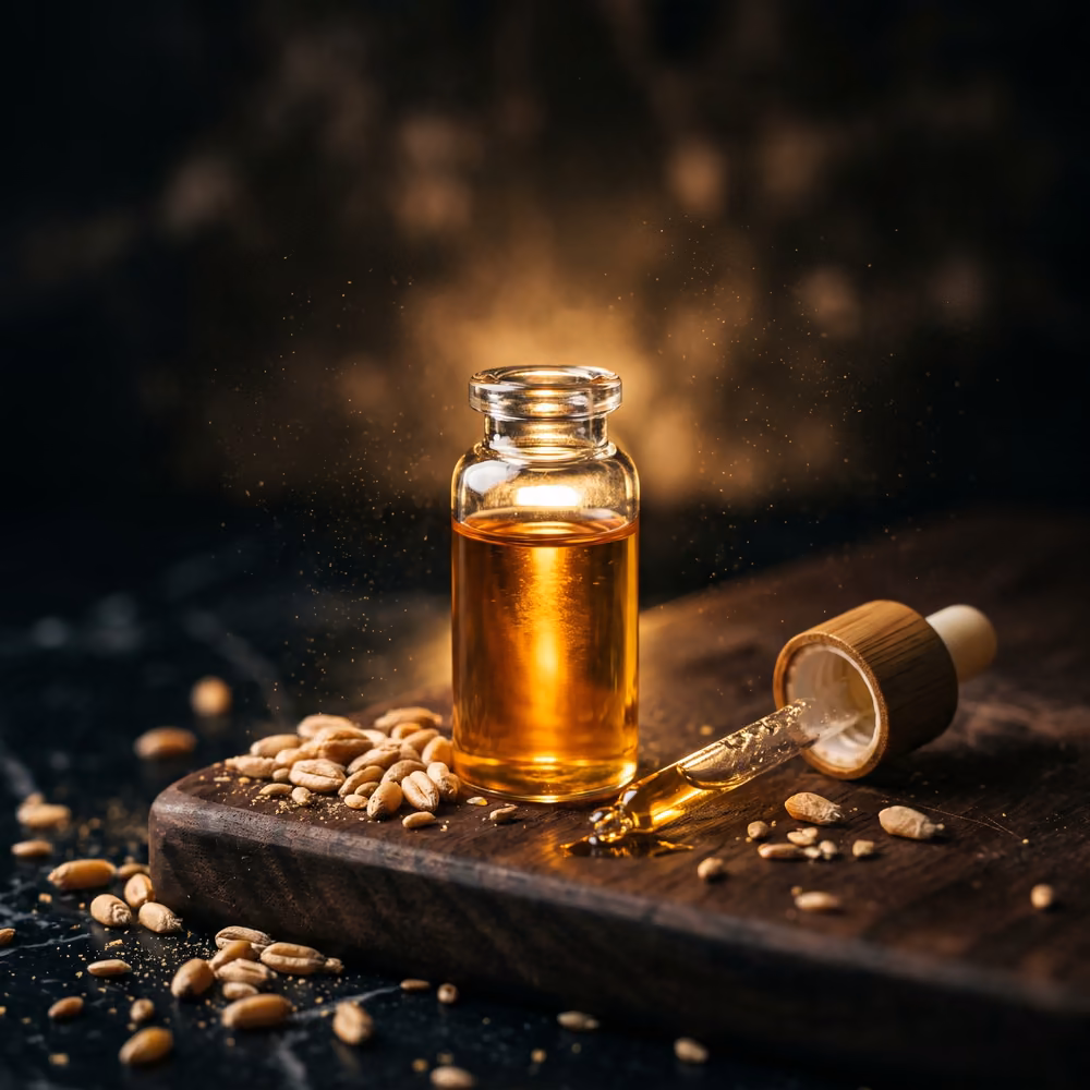 Amber vitamin E oil in a small glass vial with a dropper resting beside it.